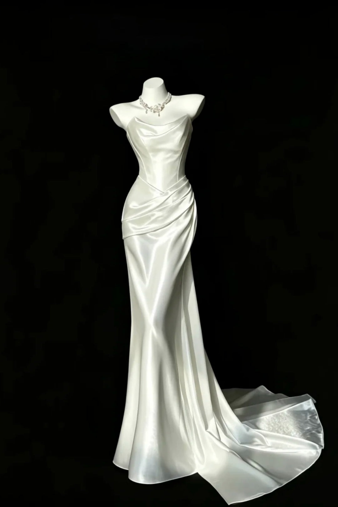White Satin Strapless Mermaid Dress Draped Cowl Neck Formal Evening Gown F0146