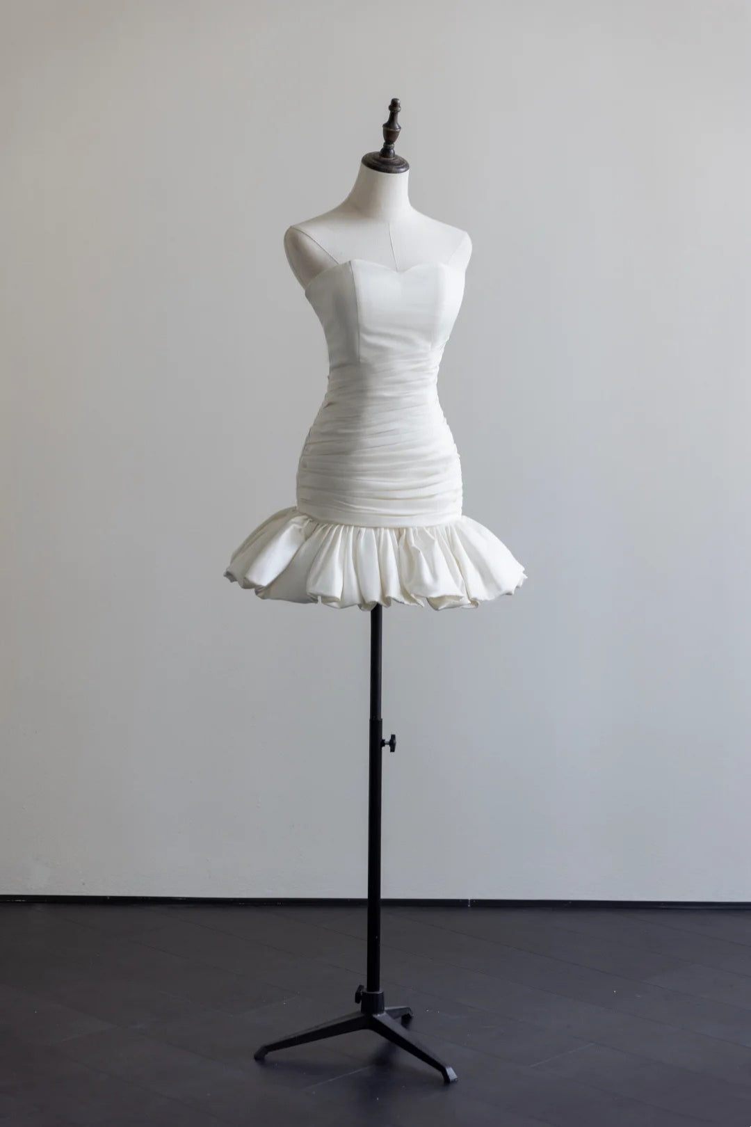 White Satin Strapless Mini Wedding Dress, Ruched Ruffle Hem Homecoming Dress F0057