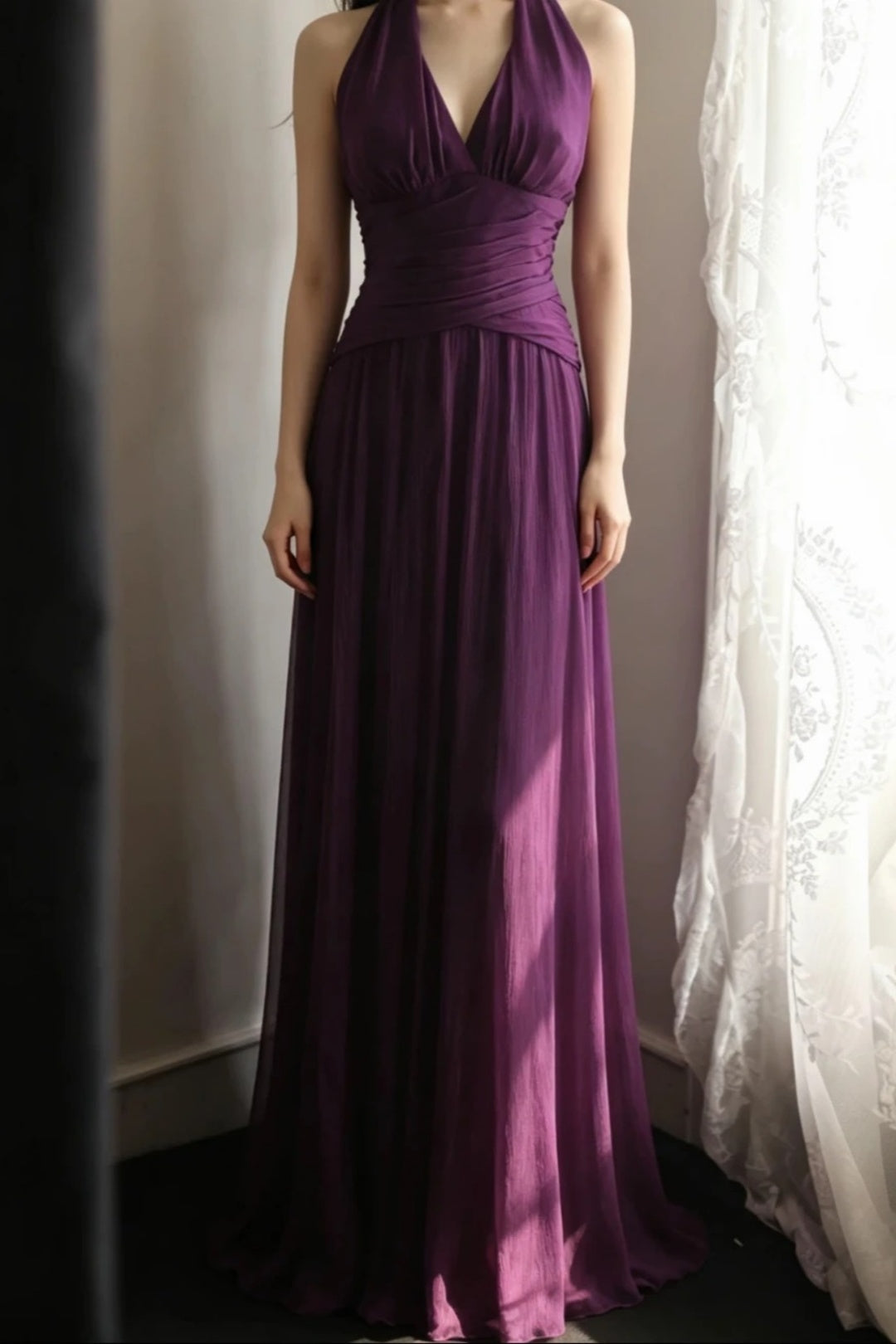 **Evening Dress** Dark Purple Halter V‑Neck Chiffon Long Formal Party Gown F0068