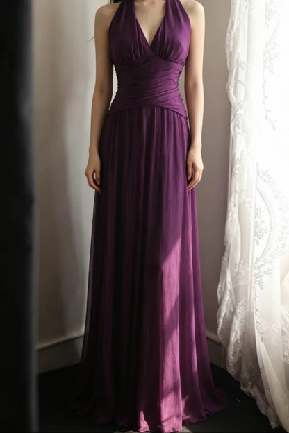 **Evening Dress** Dark Purple Halter V‑Neck Chiffon Long Formal Party Gown F0068