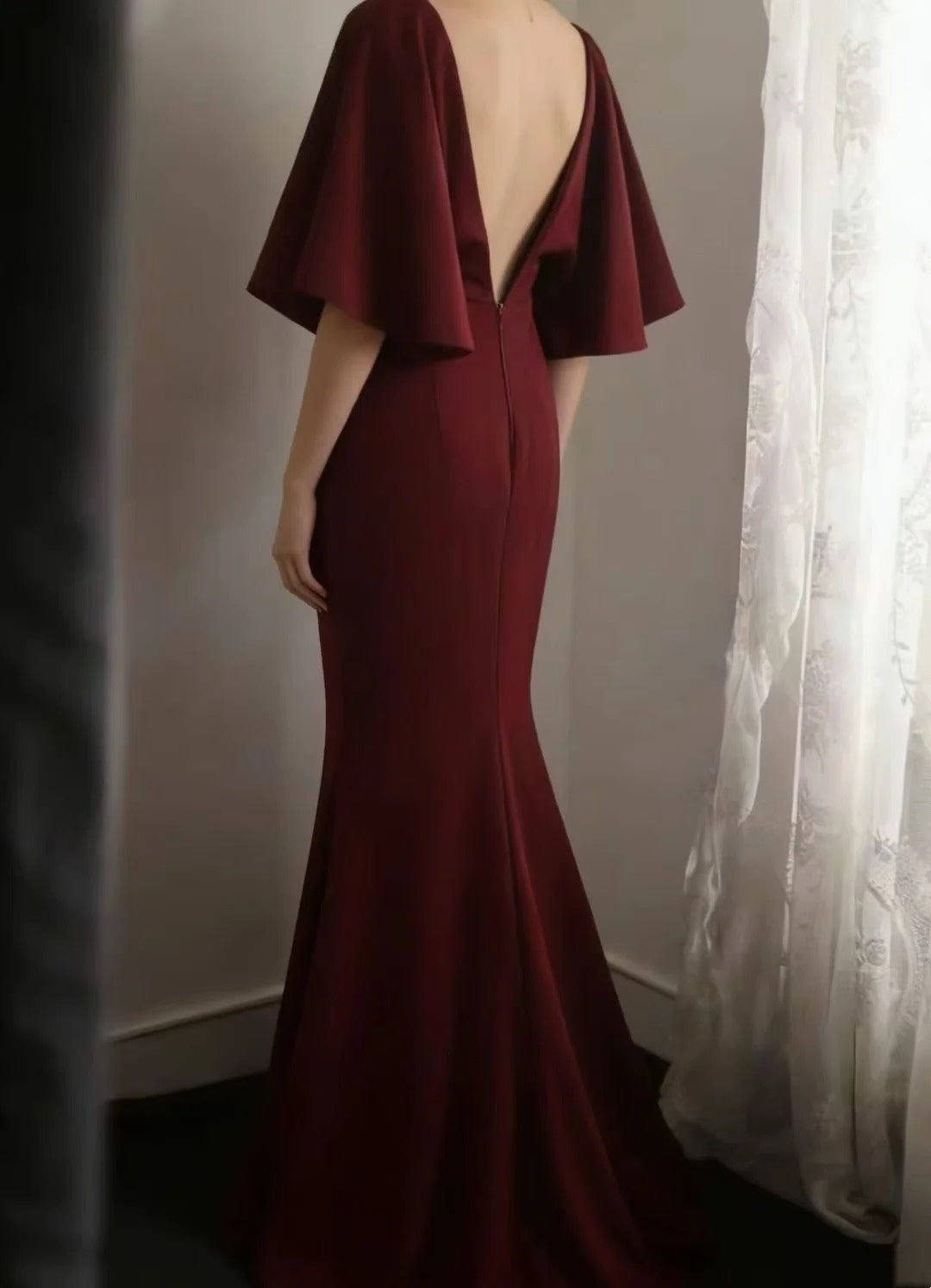 Red Satin Mermaid Evening Dress V-Back Flounce Sleeve Formal Gown F0173