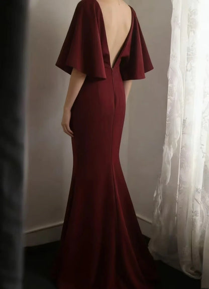 Red Satin Mermaid Evening Dress V-Back Flounce Sleeve Formal Gown F0173