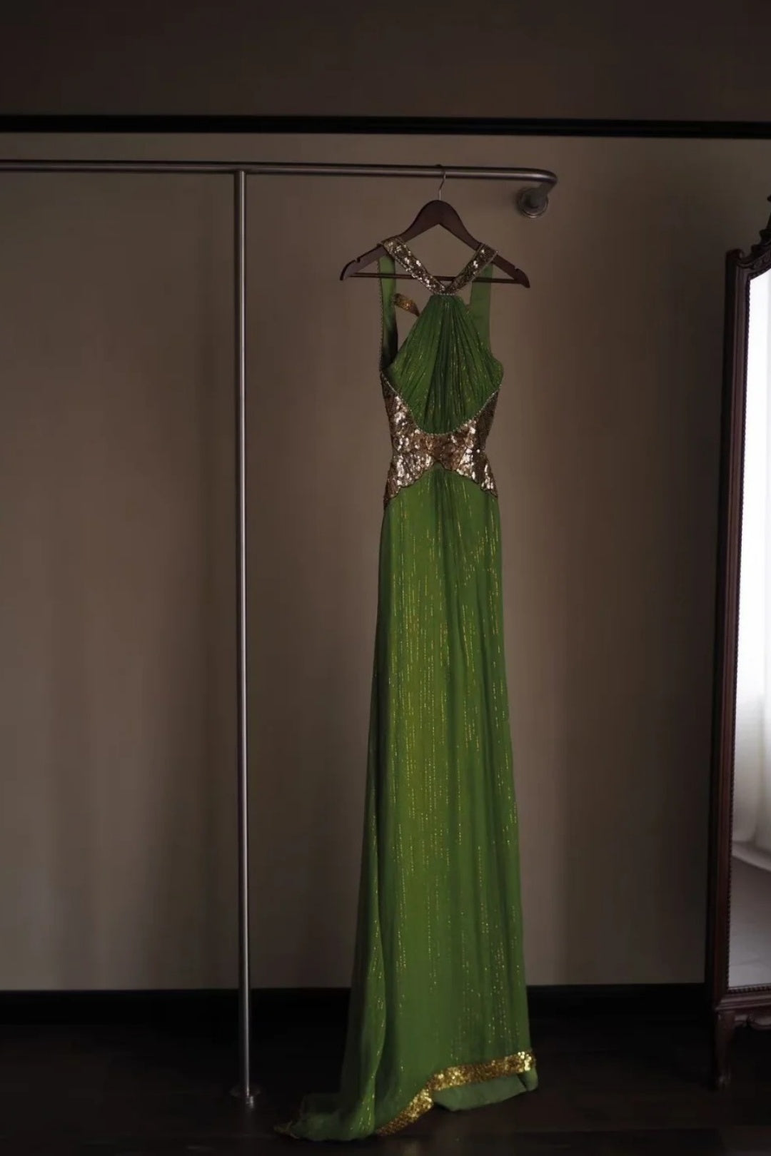 Green Halter Gold Sequin Cutout Maxi Evening Dress F0188