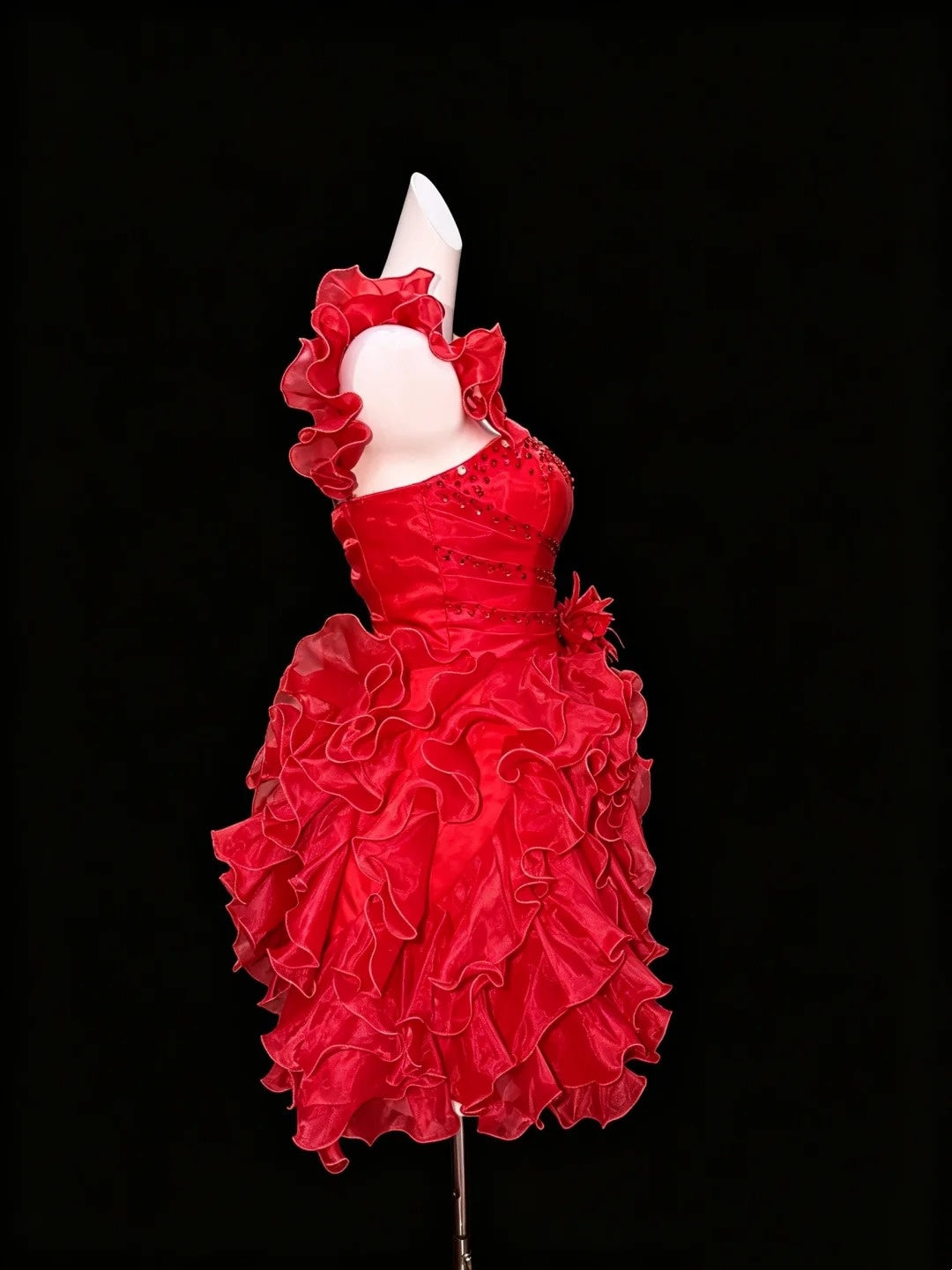 One‑Shoulder Ruffled Red Mini Dress 3D Floral Beaded Homecoming Prom Gown F0131