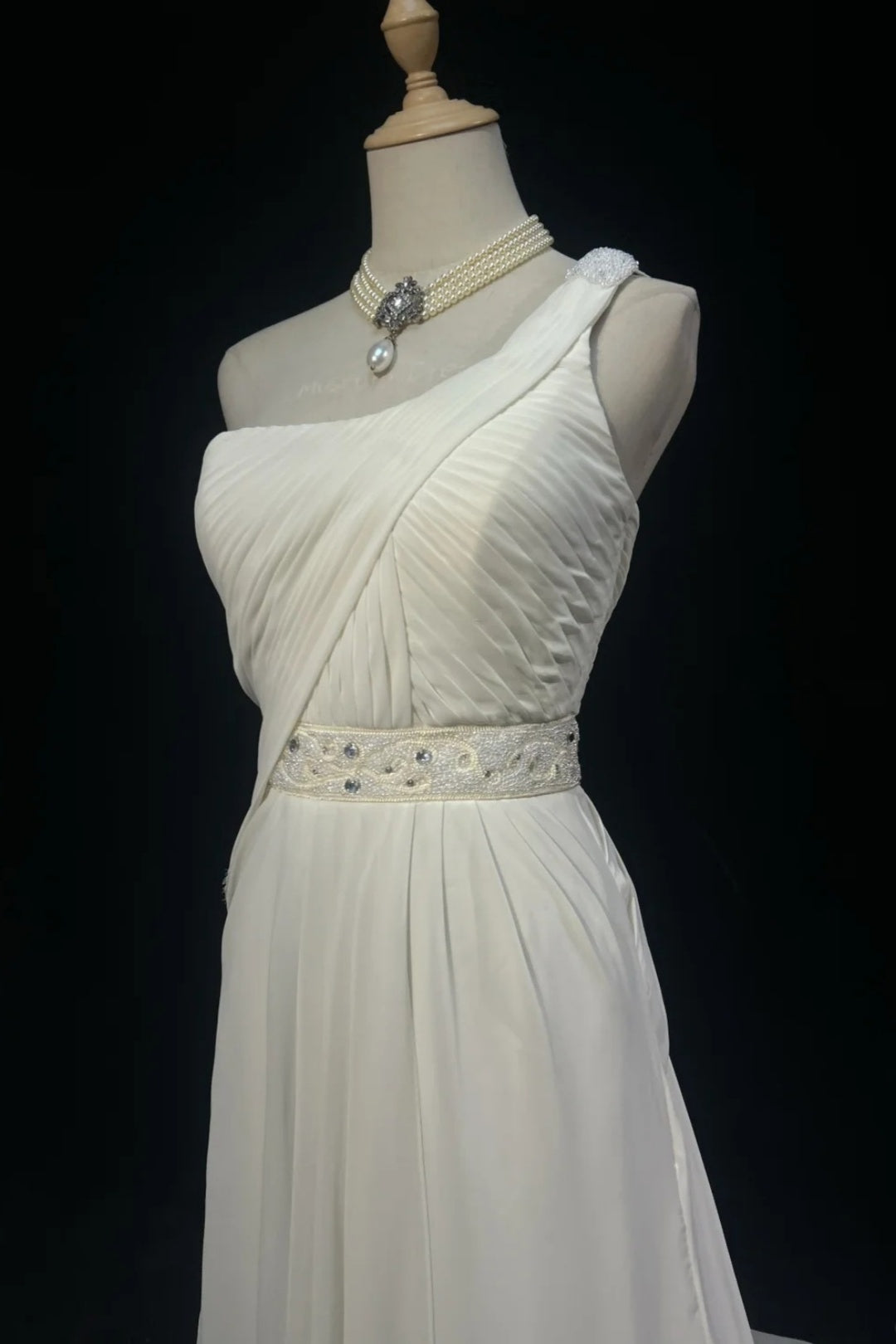 Long Formal Dress Flowy Chiffon Gown With Rhinestone Beaded Sash F0070