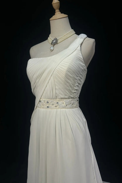 Long Formal Dress Flowy Chiffon Gown With Rhinestone Beaded Sash F0070