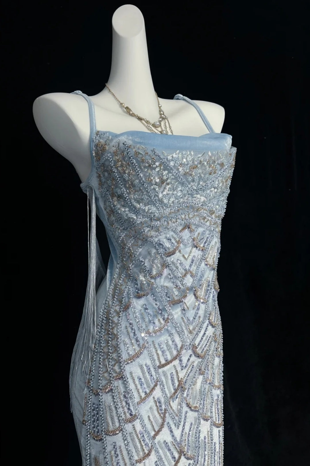 Beaded Fringe Midi Dress Spaghetti Strap Formal Gown F0202