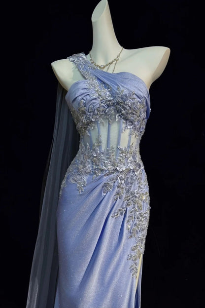 One‑Shoulder Corset Mermaid Gown With Appliqué Tulle Cape F0083