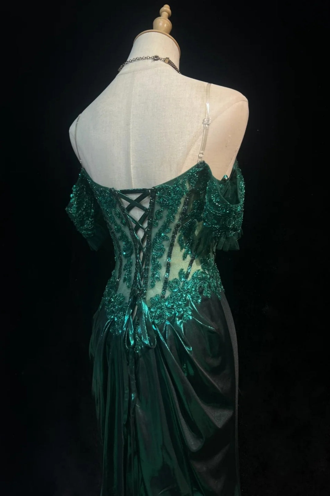 Off‑Shoulder Corset Mermaid Gown Beaded Metallic Emerald Formal Dress F0084