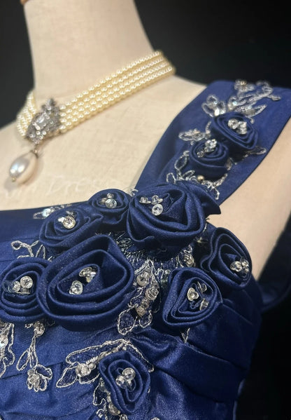 Navy One Shoulder 3D Floral Appliqué A-Line Formal Evening Dress F0196