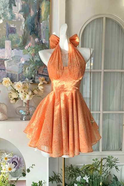 Beach Party Dress Orange Halter Neck Mini Dress With Big Bow F0059