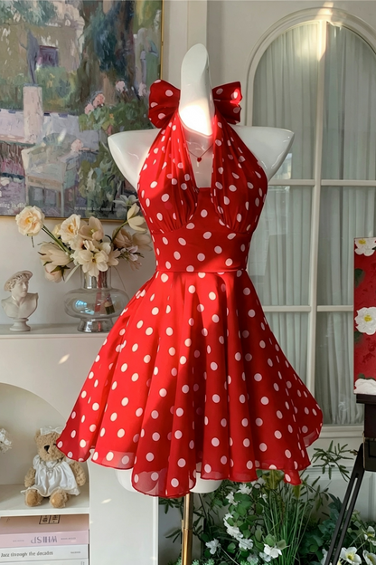 Summer Dress Red Polka Dot Halter Short Dress With Back Bow For Vacation F0036