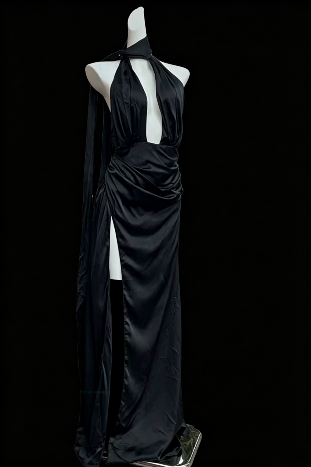 Evening Gown Black Satin Halter Custom Dress with High Slit & Sash Floral043