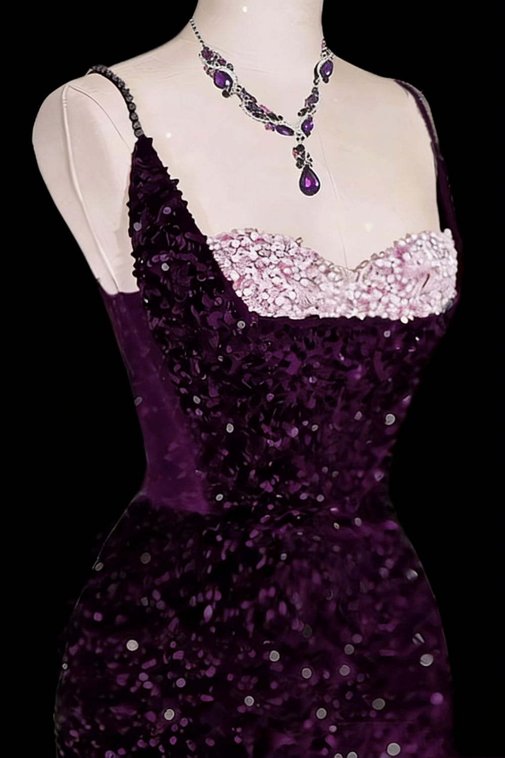 Dark Purple Sequin Spaghetti Strap Mermaid Prom Dress, Lace-up Bow Formal Evening Gown for Women Floral-06