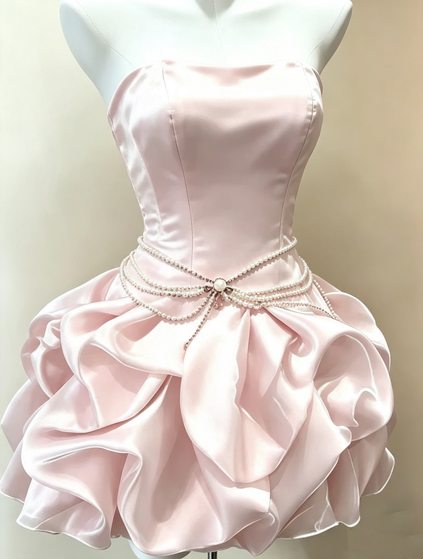 Strapless Pearl Sash Ruffle Short Homecoming Dress Lace‑Up Back Party Gown F0034
