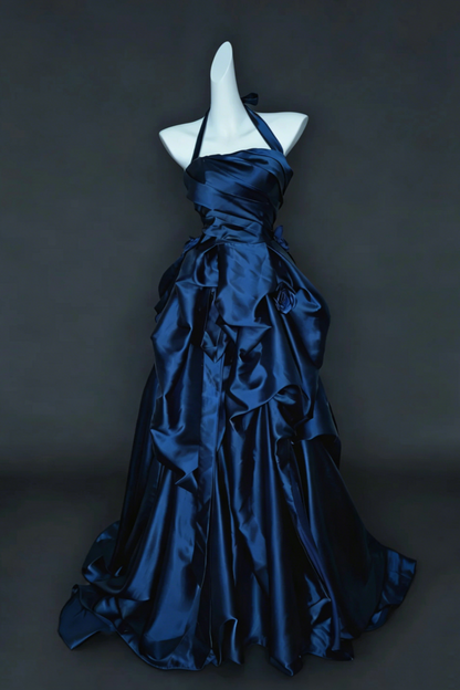Navy Blue Satin Halter Ball Gown  Prom Dresses Evening Dresses Formal Dresses Graduation Dress  Floral030