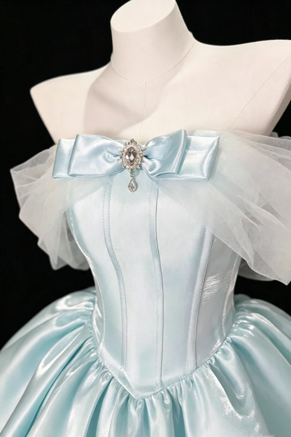 Light Blue Off‑Shoulder Bow Gem Short Homecoming Dress Lace‑Up Back Party Gown F0035