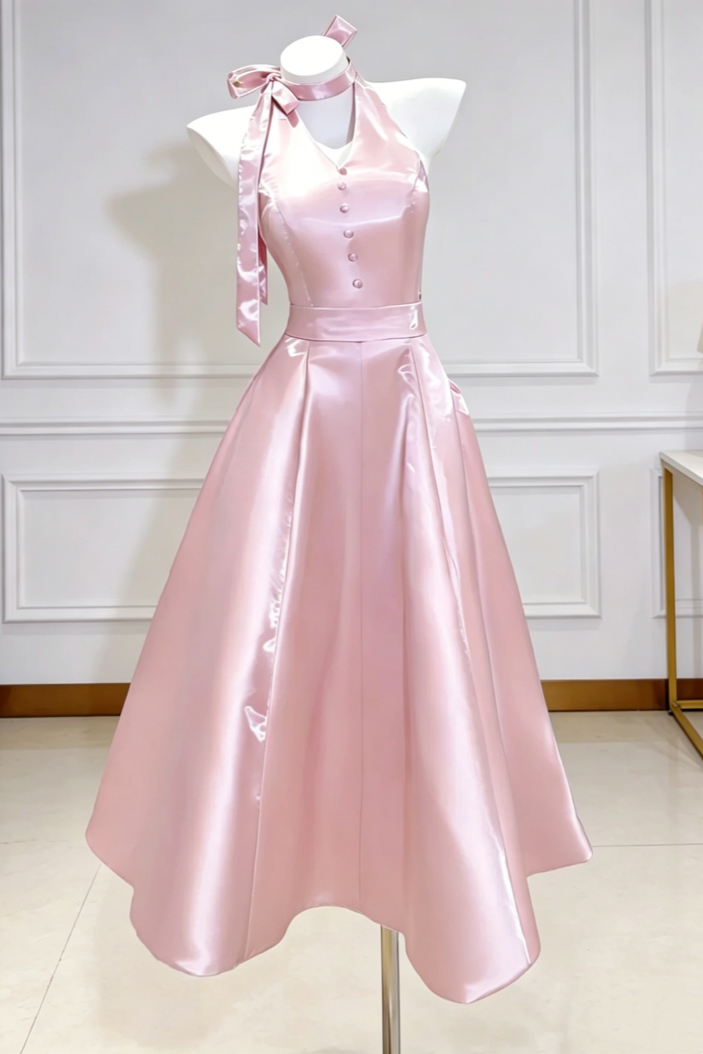 Satin Halter Midi Dress Bow Neck Detail V Neck Buttons Waist Defined A Line Skirt For Birthday Graduation Party Floral038