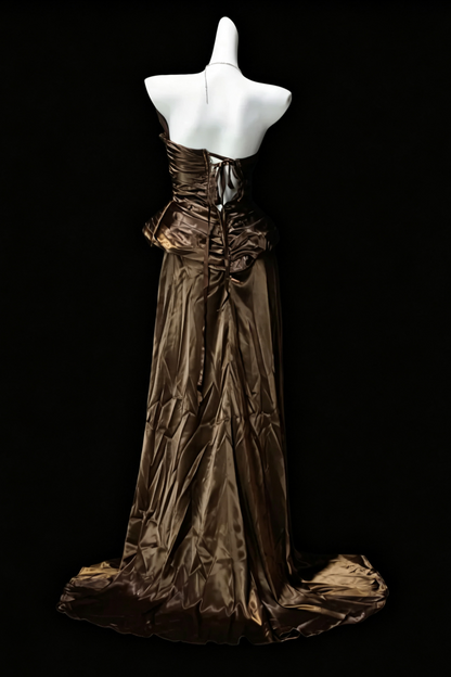 Antique Gold Satin Strapless Evening Dress Ruffled Vintage Gown F0189