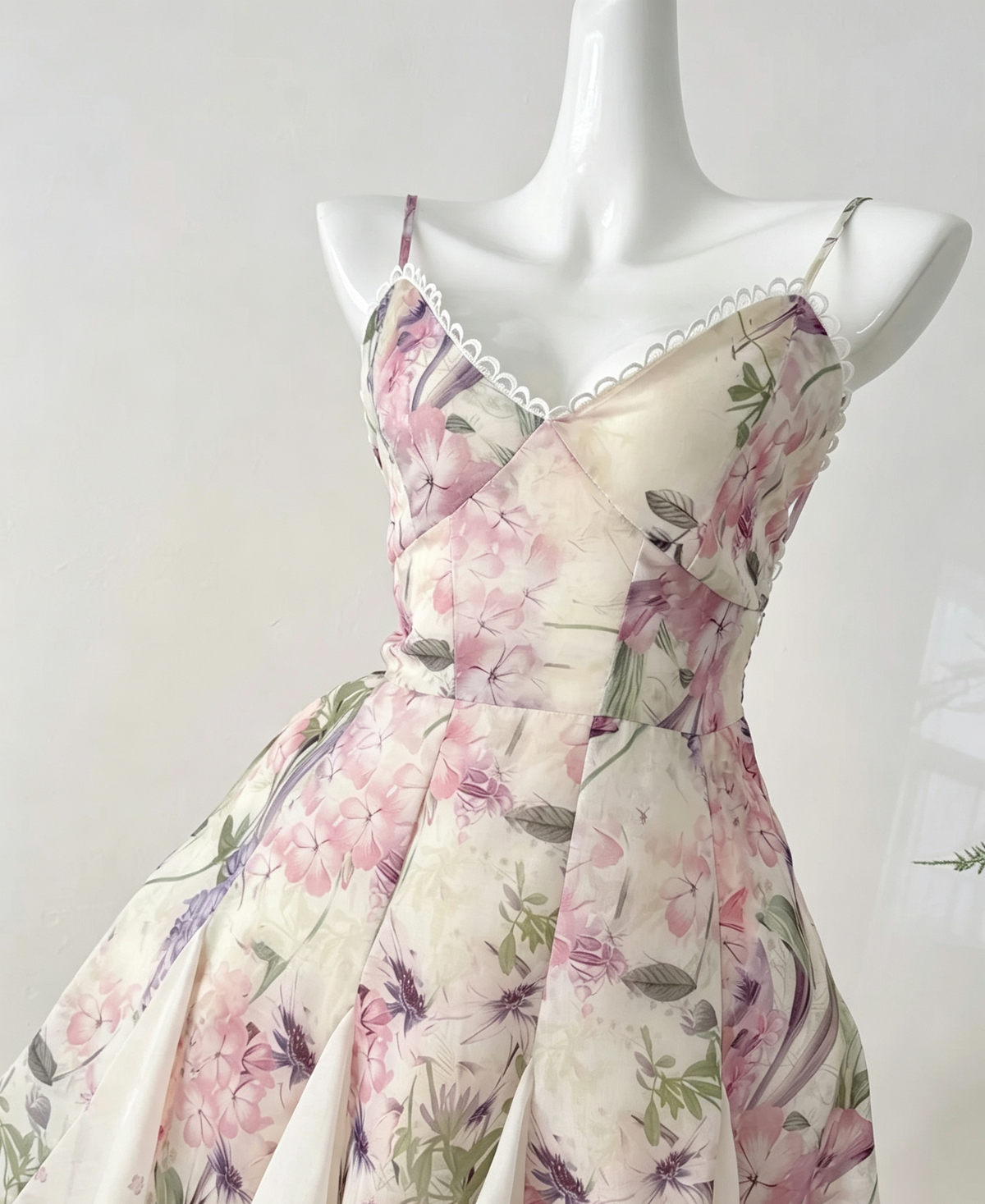 Floral Print Spaghetti Strap Mini Dress Lace Trim Back Lace-Up Cocktail Gown F0207