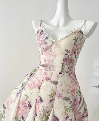 Floral Print Spaghetti Strap Mini Dress Lace Trim Back Lace-Up Cocktail Gown F0207