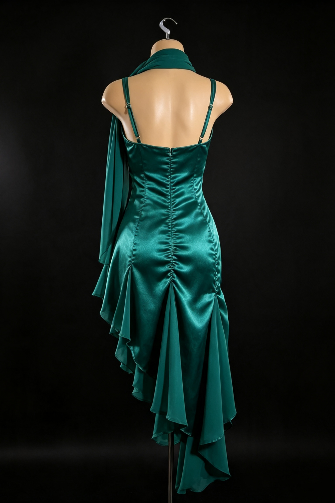 Emerald Green Satin Spaghetti Strap Dress Asymmetrical Chiffon Formal Gown Long & Midi F0025