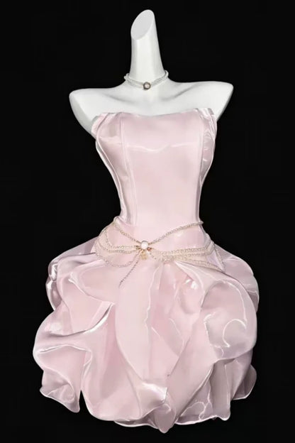 Strapless Pearl Sash Ruffle Short Homecoming Dress Lace‑Up Back Party Gown F0034