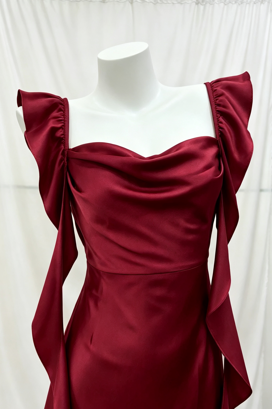 Burgundy Satin Mermaid Formal Gown, Draped Neck Ruffle Strap Maxi Dress F0076