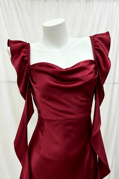 Burgundy Satin Mermaid Formal Gown, Draped Neck Ruffle Strap Maxi Dress F0076