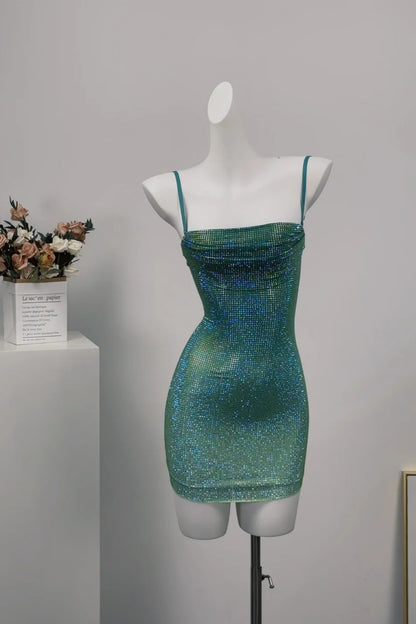 Cocktail Dress Green Rhinestone Spaghetti Strap Bodycon Mini Party Gown F0071