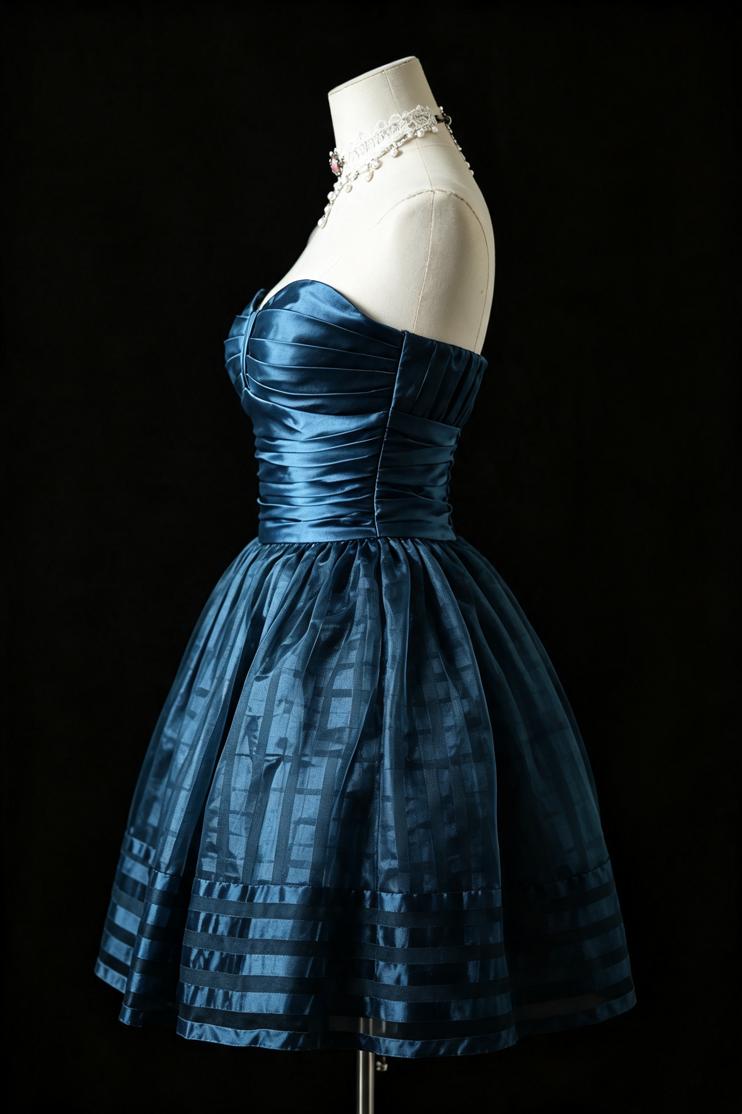 Navy Blue Satin Strapless Homecoming Dress Pleated Short Cocktail Party Gown F0017