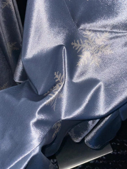 Misty Silver Blue Snowflake V-Neck Vintage Ruffle Long Dress F0274