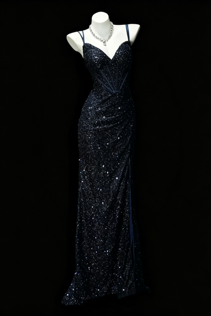 Sequin Mermaid Prom Dress Sparkly V-Neck Formal Evening Dress With Slit F0165