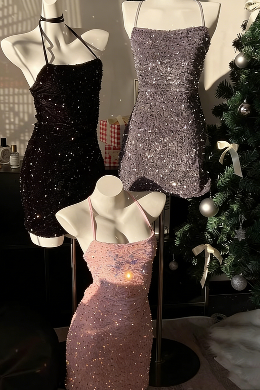 Sparkling sequined halter top birthday dress, sequined mini dress, backless sexy short party dress 007