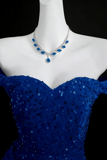 Elegant Glitter Blue Mermaid Prom Dress, Off-the-shoulder Formal Party Gown Floral-05