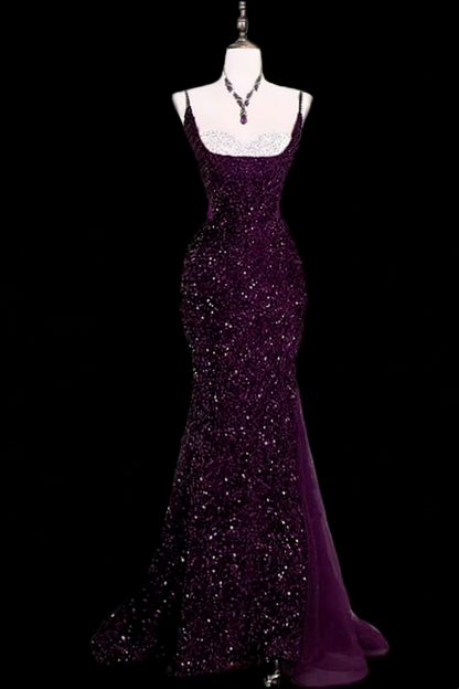 Dark Purple Sequin Spaghetti Strap Mermaid Prom Dress, Lace-up Bow Formal Evening Gown for Women Floral-06