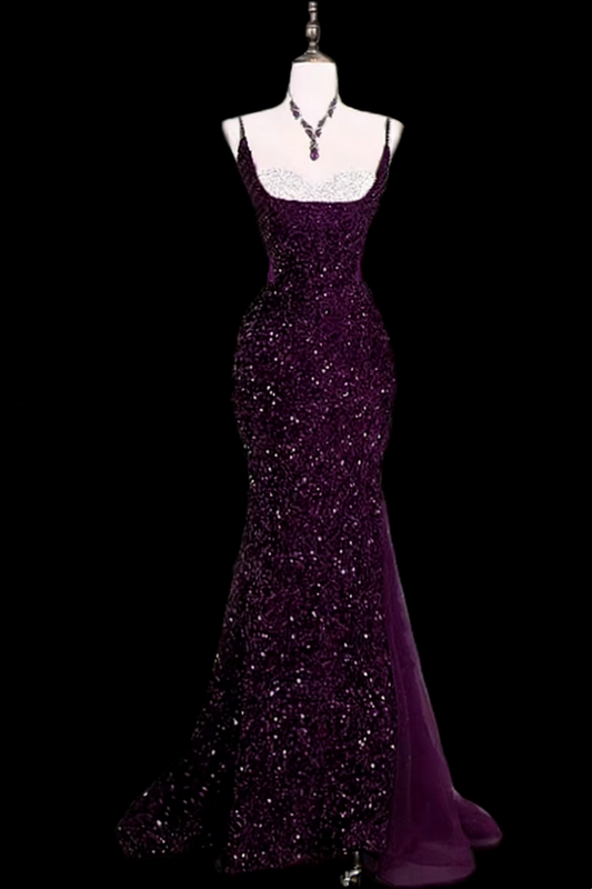 Dark Purple Sequin Spaghetti Strap Mermaid Prom Dress, Lace-up Bow Formal Evening Gown for Women Floral-06
