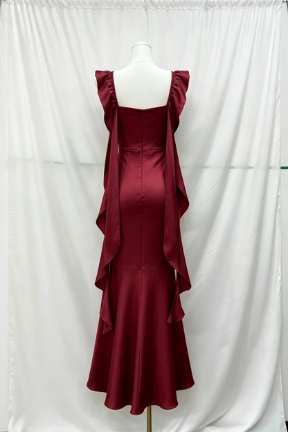 Burgundy Satin Mermaid Formal Gown, Draped Neck Ruffle Strap Maxi Dress F0076