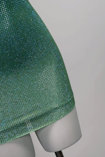 Cocktail Dress Green Rhinestone Spaghetti Strap Bodycon Mini Party Gown F0071