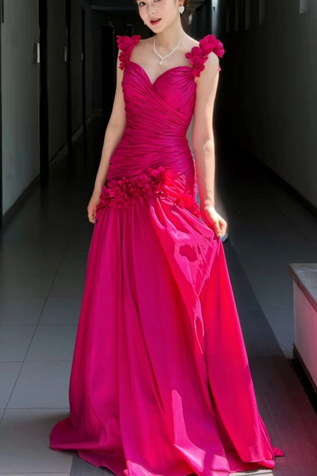 Fuchsia Satin Long Prom Dress 3D Floral Spaghetti Strap Ruched Formal Evening Gown F0030