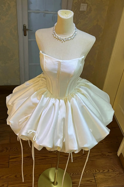 White Satin Corset Homecoming Dress Detachable Off‑Shoulder Bubble Gown F0099