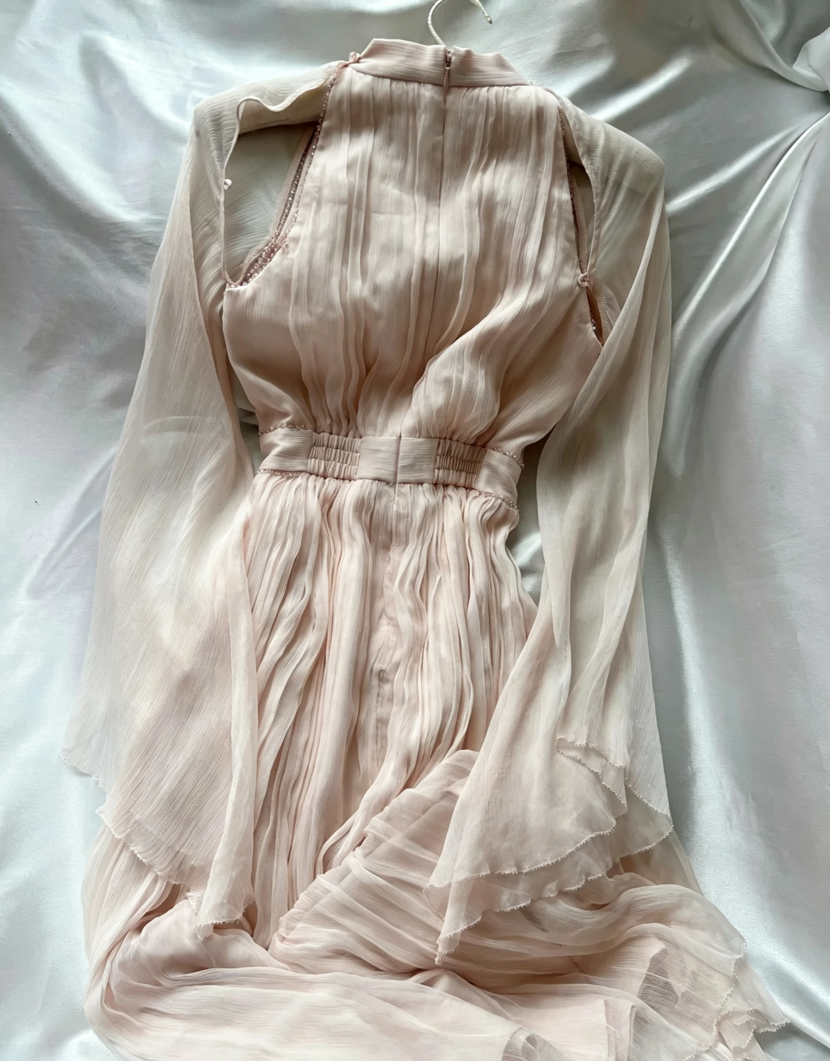 Blush Pink Chiffon Long Dress Flare Sleeve 3D Floral Waist F0265