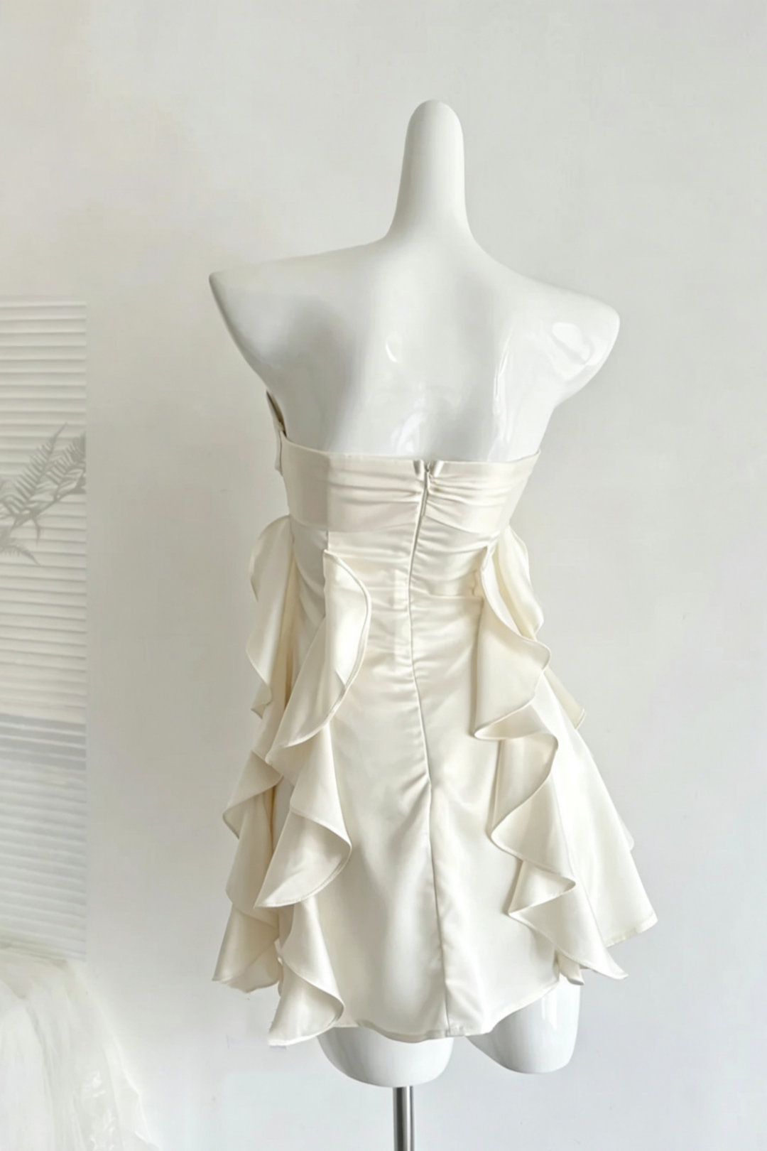 Cream Satin Strapless Mini Party Dress Big Bow Ruffle Cocktail Gown F0206