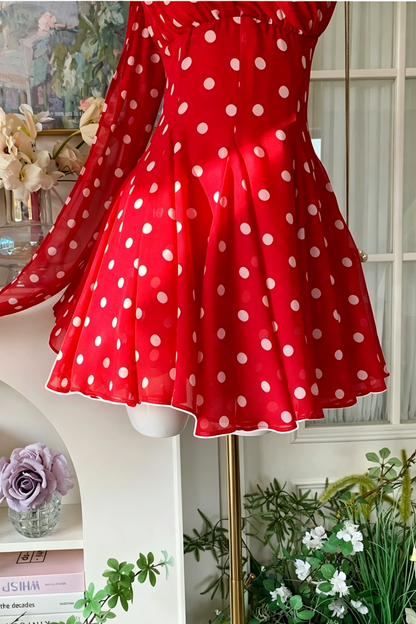 Vacation Dress Red Chiffon One Shoulder Short Dress, Polka Dot Print F0060