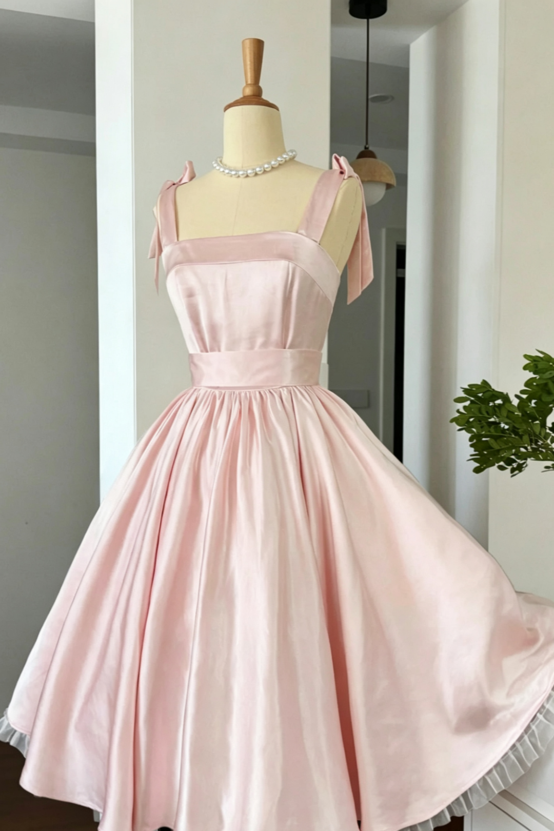 Olive Green Satin Retro Midi Dress, Bow Strap Vintage Homecoming Dress  F0052