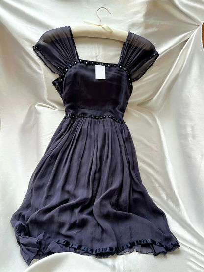 Dark Purple Square Neck Beaded Chiffon Short Cocktail Dress F0259