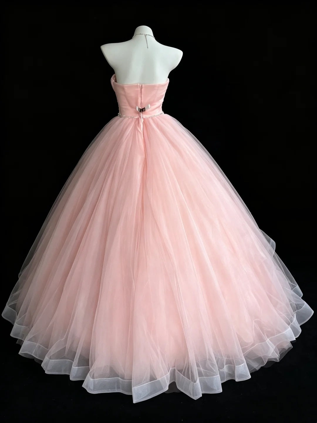 Sweetheart Strapless Pink Tulle Ball Gown Rhinestone Sash Prom Formal Dress F0115