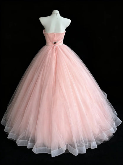 Sweetheart Strapless Pink Tulle Ball Gown Rhinestone Sash Prom Formal Dress F0115