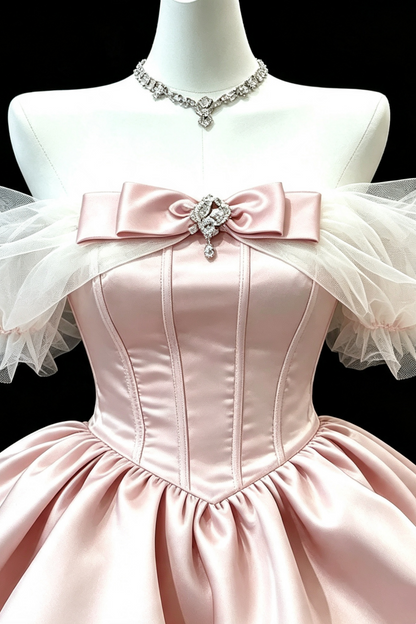 Pink Off‑the‑Shoulder Satin Short Gown, Bow Crystal Sweet 16 Dress F009