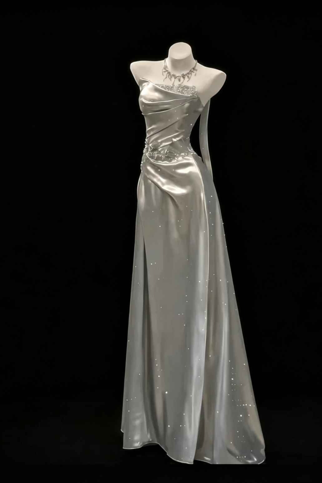 Strapless Slit Evening Dress Beaded Draped Satin Formal Gown F0190